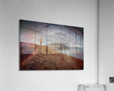 man with yellow rain jacket standing on top of a mykinese cliff  Acrylic Print