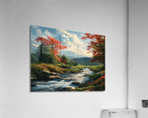 A serene painting depicting a mountain stream surrounded by vibrant red trees capturing the beauty of nature. Acrylic Print