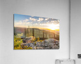 Beautiful sunset over a rock ledge and summit cross Wackerstein in the Swabian Alps in Southern Germany Acrylic Print