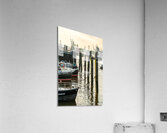Boats in the historic museum harbor in Hamburg Övelgönne at the Elbe River at sunrise  Acrylic Print