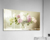 Beautiful white and pink hortensia flowers in vase on table	 Acrylic Print
