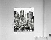 A clean and modern black-and-white line illustration of New York Citys iconic skyline featuring landmarks like the Empire State Building and Brooklyn Bridge. Ideal for minimalist art lovers and cityscape decor. Watercolor style Acrylic Print