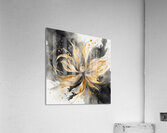 A swirling abstract floral composition painted in vibrant watercolor tones of gold and deep charcoal. The flower-like form bursts with movement featuring delicate tendrils and splashes of shimmering pigment. Points of light flicker throughout the dark bac Acrylic Print