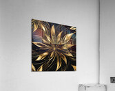 A swirling abstract design featuring vibrant golden and dark black elements creating a dynamic flower-like shape. Delicate elongated tendrils extend outward interspersed with bright shimmering points of light against a dark background conveying a sense... Acrylic Print