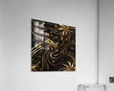 A swirling abstract design featuring vibrant golden and dark black elements creating a dynamic flower-like shape. Delicate elongated tendrils extend outward interspersed with bright shimmering points of light against a dark background conveying a sense... Acrylic Print