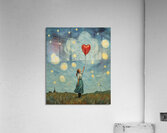 A sad girl with her hand raised because her heart-shaped balloon has escaped from her hands and is flying away in the sky. She is in profile and the heart-shaped balloon is flying away. The aesthetic of the image is that of a classic Van Gogh painting.... Acrylic Print