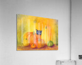 Black cat peeking behind pumpkins Acrylic Print