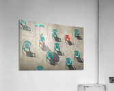 Young blonde woman holding up a turquoise umbrella on a beach sitting through many red and teal chairs in the sand on a sunny day Acrylic Print