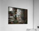 Still life with flowers in a sculpted urn with architectural fragments on a terrace Acrylic Print