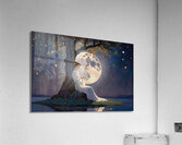 Dreamy Moonlit Night with Woman Under Tree and Stars Fantasy Art Print Acrylic Print