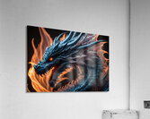 Blue dragon head with orange eyes with flames on the background  Acrylic Print