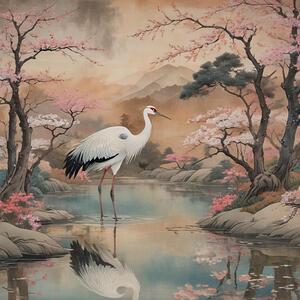 Whispers of Spring: White Crane Among Cherry Blossoms by Angela Cooper Hanley