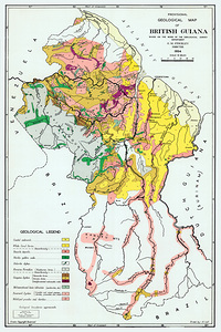 Geological Map of Guyana Showing Mineral Resources Tectonic Structures and Terrain Formations—Used for Economic Development and Scientific Study in Northern South America