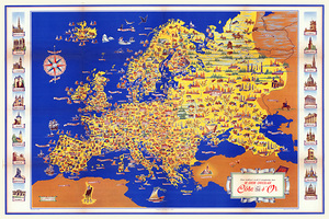 Pictorial Map of Europe Featuring National Icons Regional Traditions Historic Landmarks and Illustrated Cultural Symbols Depicting Continental Unity and Identity in a Stylized Format