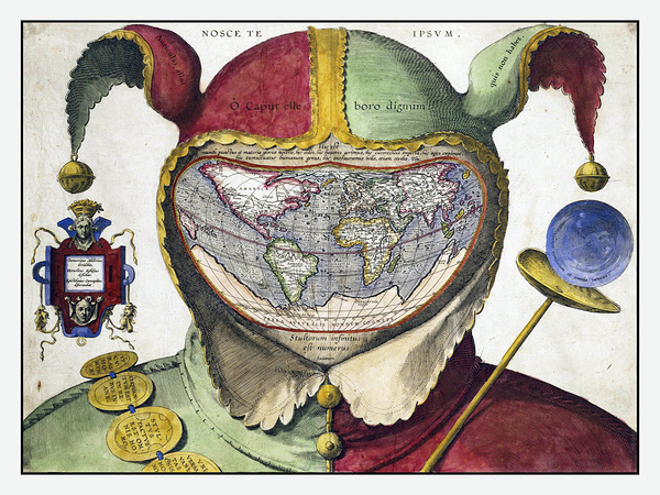 16th Century Fool’s Cap Map of the World – Renaissance Allegorical World Map Depicting the Globe as a Jester’s Head Symbolizing the Vanity of Human Knowledge and the Philosophical Spirit of the Age of Discovery Print