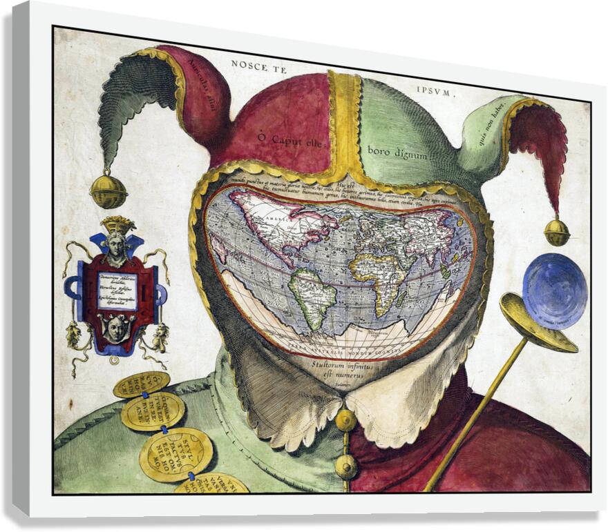 16th Century Fool’s Cap Map of the World – Renaissance Allegorical World Map Depicting the Globe as a Jester’s Head Symbolizing the Vanity of Human Knowledge and the Philosophical Spirit of the Age of Discovery Canvas Print