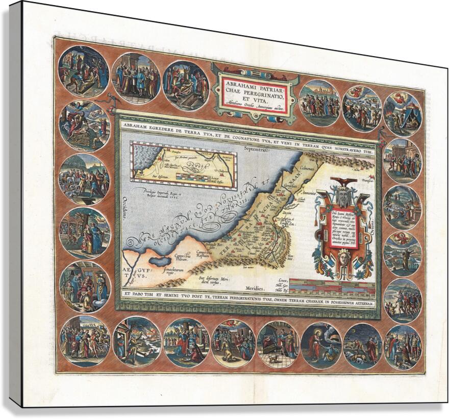 1608 Map of the Holy Land Depicting the Life of Abraham by Abraham Ortelius – Biblical Map Illustrating Sacred Geography Ancient Cities and Biblical Routes Across Canaan Judaea and the Near East in Ortelius’ Theological Atlas Canvas Print