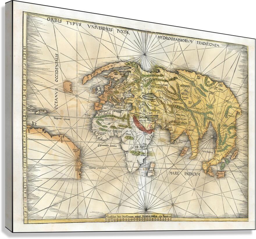 1513 Martin Waldseemuller World Map – Early Renaissance World Map Depicting Continents Oceans and Exploration Routes Based on Ptolemaic Geography Reflecting the European View of the Globe in the Early 16th Century Canvas Print