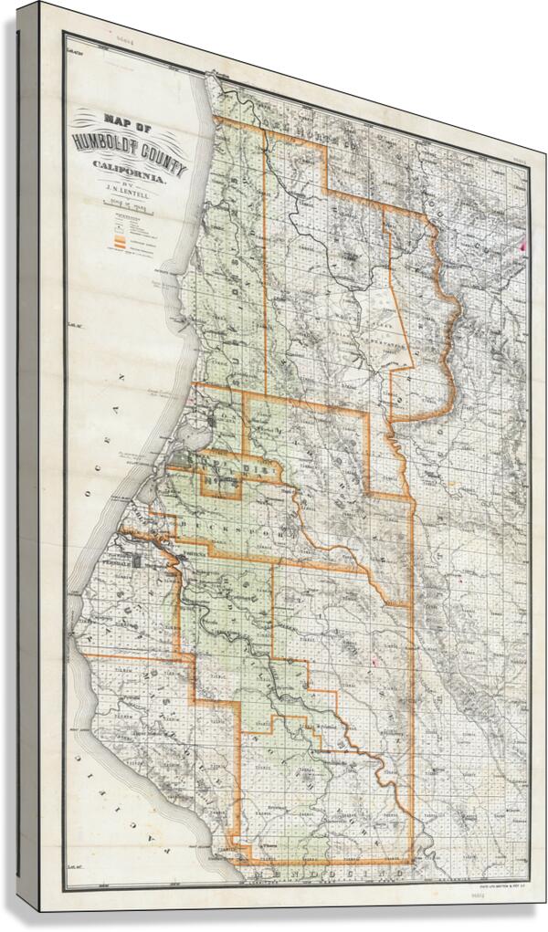 1909 Map of Humboldt County California – Early 20th-Century Regional Map Depicting Roads Settlements Rivers and Forest Areas Reflecting Logging Coastal Geography and Northern California’s Economic Development Canvas Print