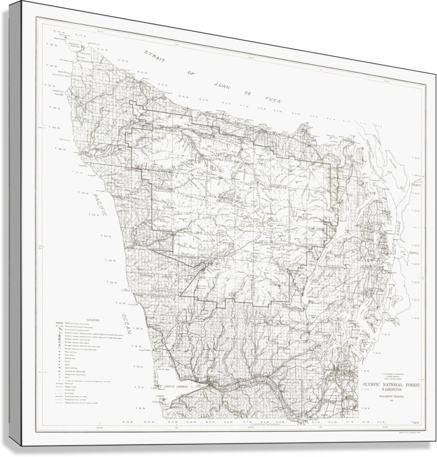 1915 Forestry Map of the Olympic National Forest – Early 20th-Century Map Depicting Trails Rivers Campsites and Logging Areas Reflecting U.S. Forest Service Management Conservation and the Natural Geography of Washington State Canvas Print
