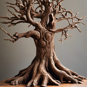 0 Wooden sculpture of a tree with intricate branc