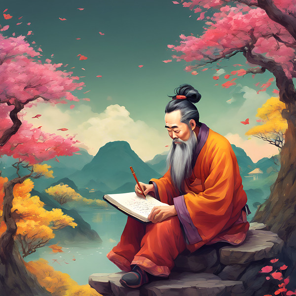 0 A Chinese philosopher sits and writes his color Print