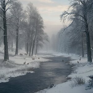 a serene snow covered landscape with a gently flo