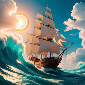 Artwork of an old ship in the middle of the sea waves