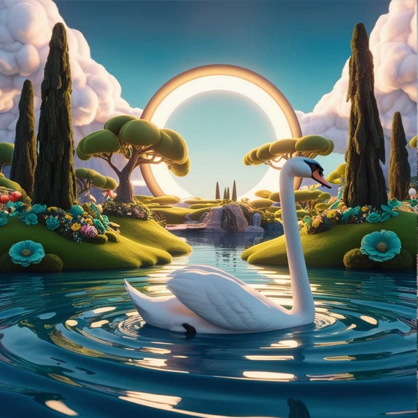 Serene Swan Paradise: A Dreamlike Garden of Tranquility Print