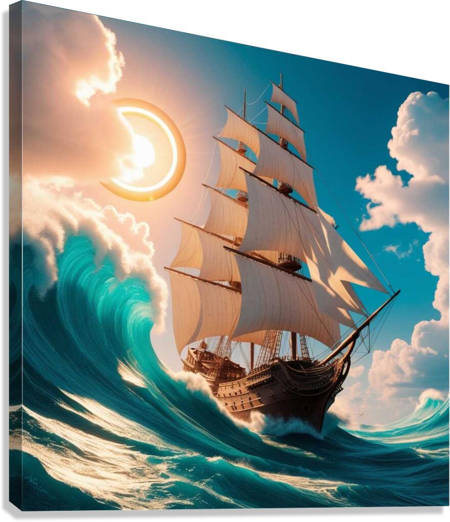 Artwork of an old ship in the middle of the sea waves Canvas Print