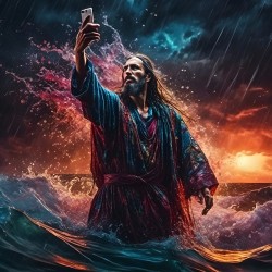 Jesus taking a selfie while walking on the water.