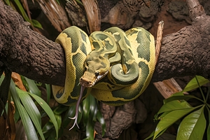 Green tree python close up on tree branch
