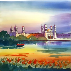 Create a beautiful Hyderabad View Scenery Glorious explosions of vibrant multicolor capture the beautiful symphony of nature​ impressionistic watercolor scenery illustration vibrant painting