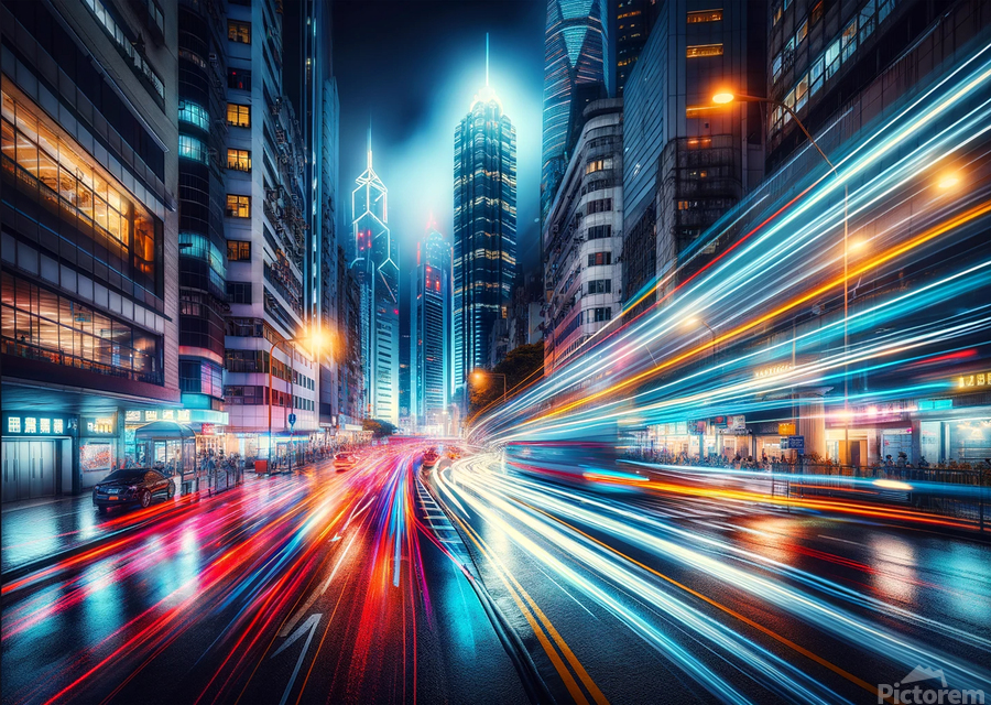 Futuristic city street at night with illuminated skyscrapers and vibrant light trails from fast-moving traffic, creating a dynamic urban energy scene.