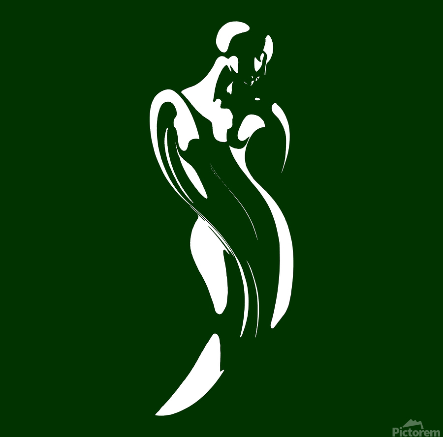 Minimalist silhouette artwork of a stylized female figure in flowing motion against a deep green background, expressing elegance, confidence, and graceful strength.