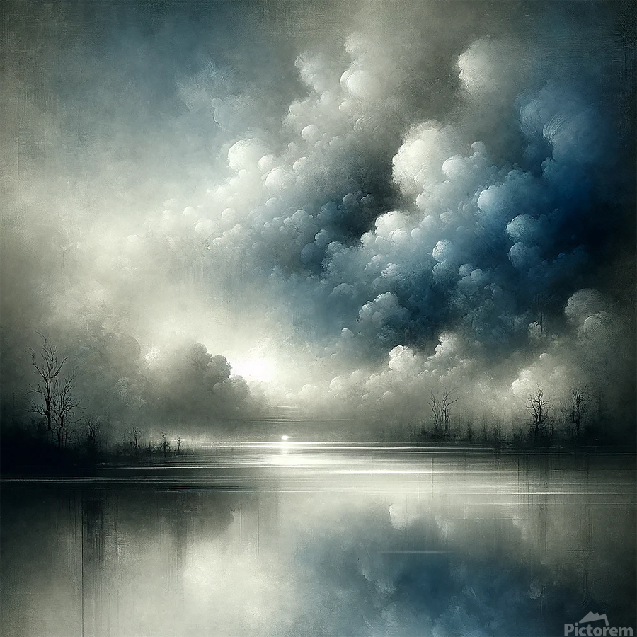Moody atmospheric landscape art showing dramatic storm clouds over a calm reflective lake, with soft light breaking through mist and silhouetted trees along the shoreline, creating a serene yet powerful, cinematic scene.