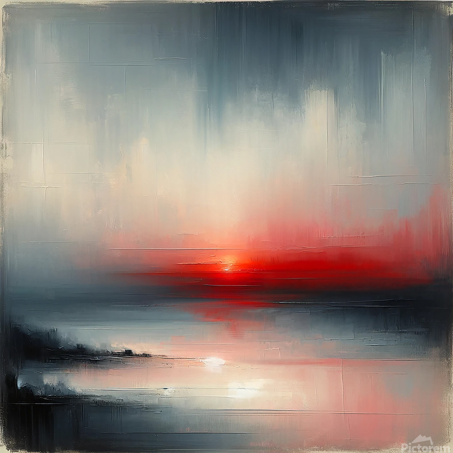 Abstract landscape-style painting with layered horizontal textures, soft blue-gray tones, and a glowing red horizon, evoking calm reflection and quiet strength.
