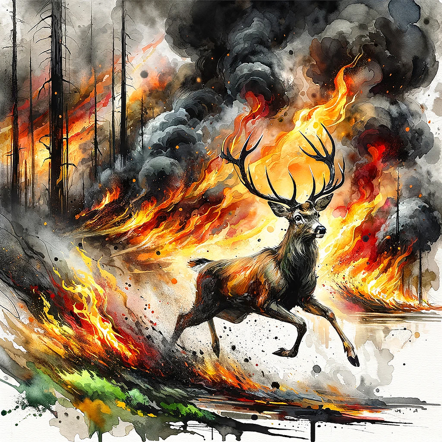 Dramatic watercolor of a stag running through a burning forest, flames and smoke creating a powerful wildlife and wildfire scene.
