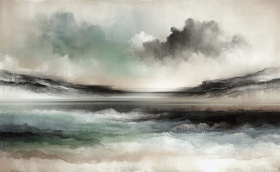 Atmospheric abstract landscape with layered ink washes, muted earth tones, and a calm horizon, conveying stillness, depth, and quiet reflection.