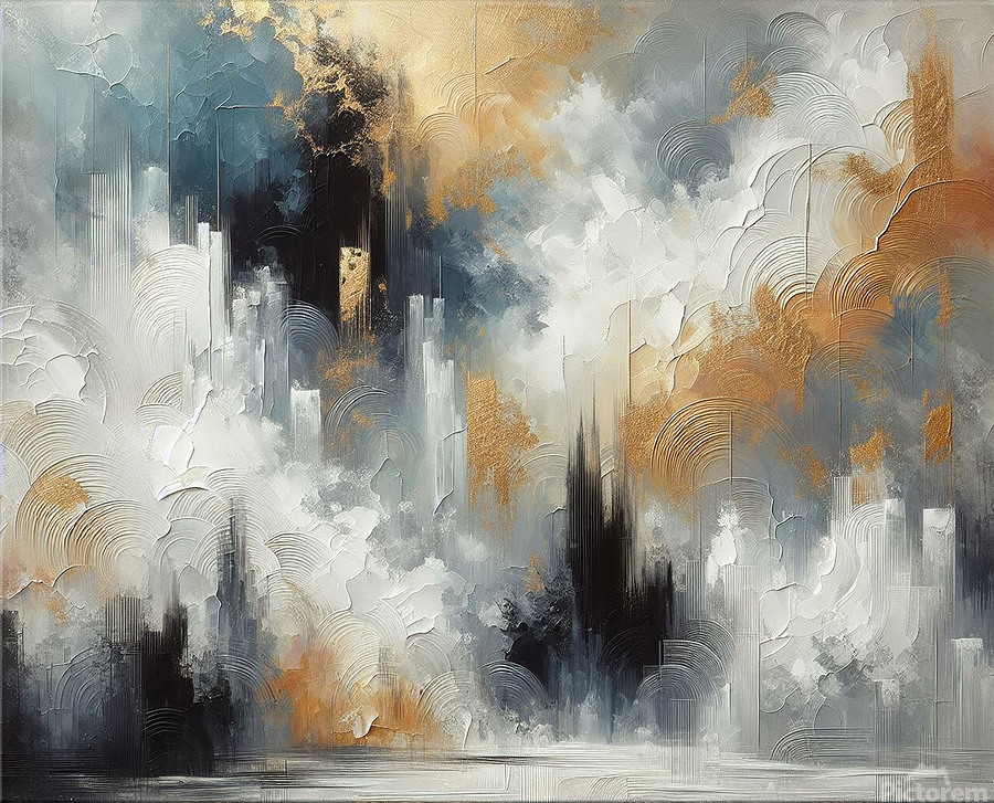 “Abstract cityscape wall art featuring a modern skyline emerging from textured clouds in gray, white, and gold tones, creating a contemporary urban fine art composition.”