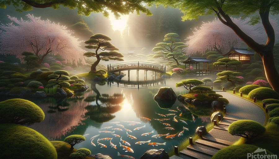 A serene Zen garden scene with koi fish swimming in a peaceful pond, a wooden bridge, and cherry blossoms glowing in soft morning light, creating a calm and balanced nature landscape.