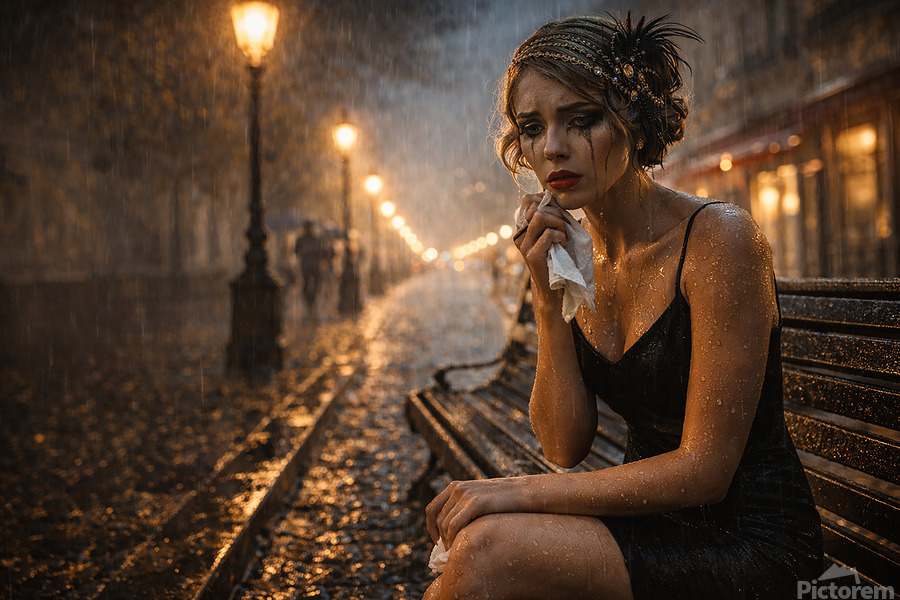 Woman in the Rain - A rain-soaked moment of heartbreak and strength, where city lights blur and emotion lingers long after the storm begins.