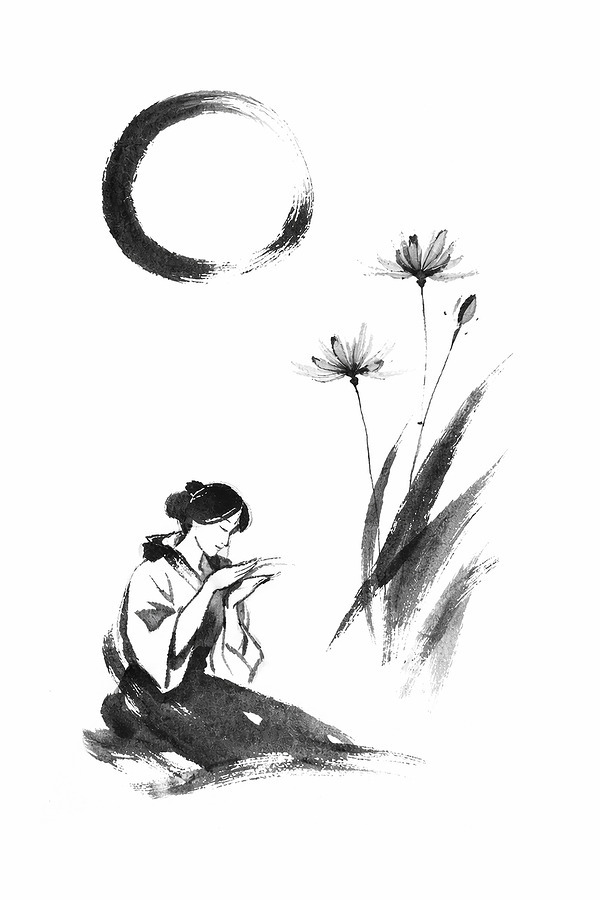 A serene Zen sumi-e ink wash depicting a kneeling figure beneath an incomplete enso, evoking stillness, impermanence, and quiet harmony with nature