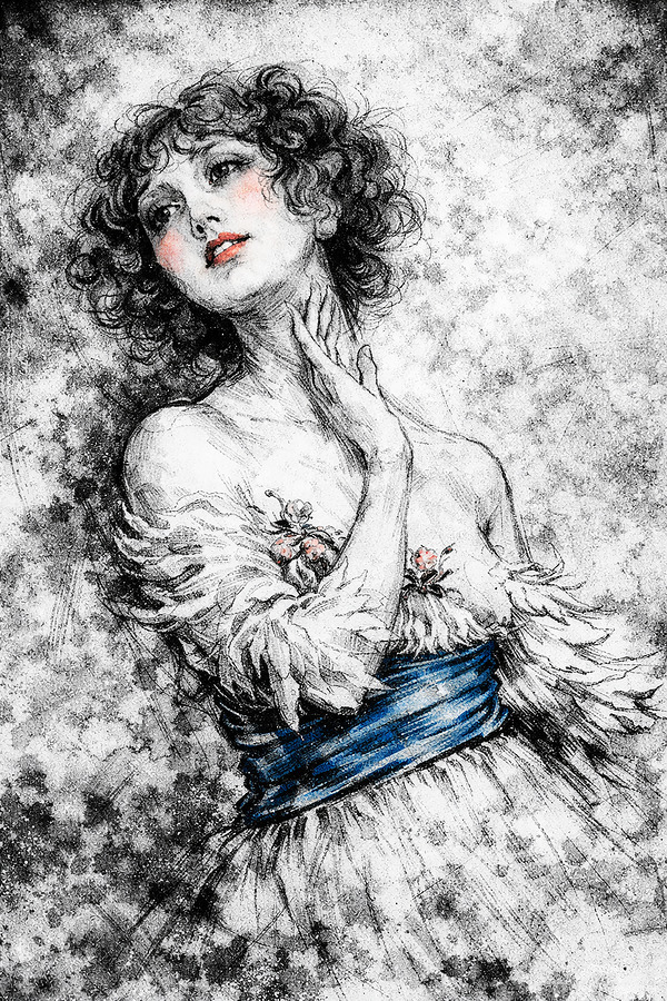 A high-contrast ink portrait with expressive line work and raw texture, where soft peach tones and a vivid blue sash emerge from dramatic monochrome elegance