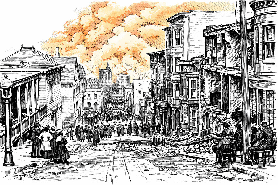 Historic ink-style illustration of Sacramento Street in San Francisco after the 1906 earthquake, with crowds lining the avenue as smoke from citywide fires rises into the sky, symbolizing resilience and the enduring human spirit.