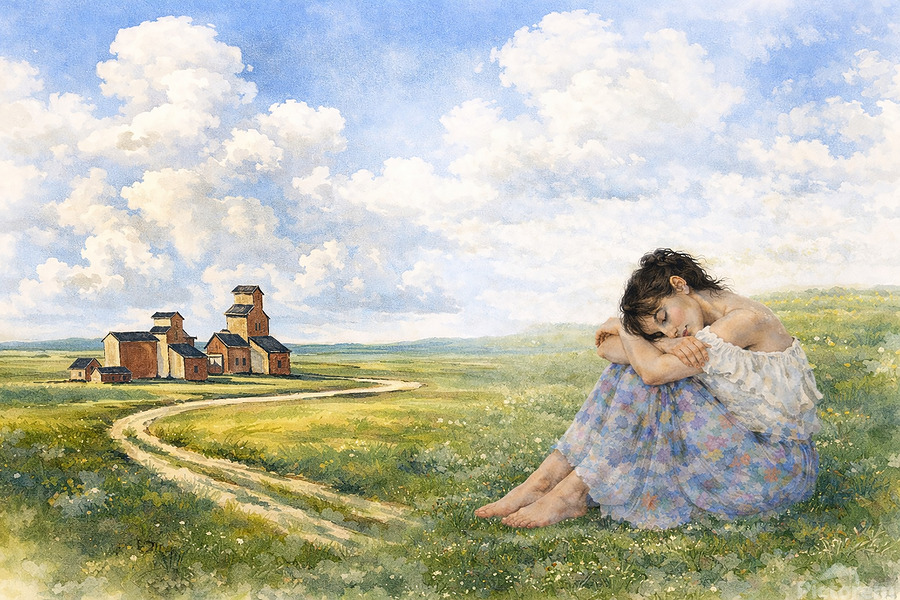 A quiet afternoon moment as she rests on the lawn, waiting for her child to come home from school, sleep gently overtaking her in the warm calm of the day