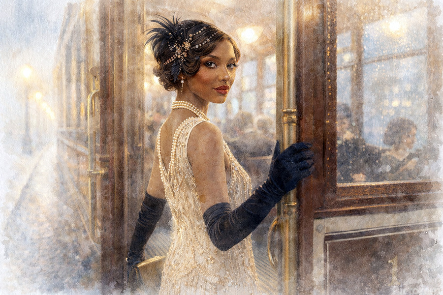 Golden Departure - Wrapped in elegance and soft light, she glances back on a fleeting moment—where glamour, mystery, and promise linger in the air.