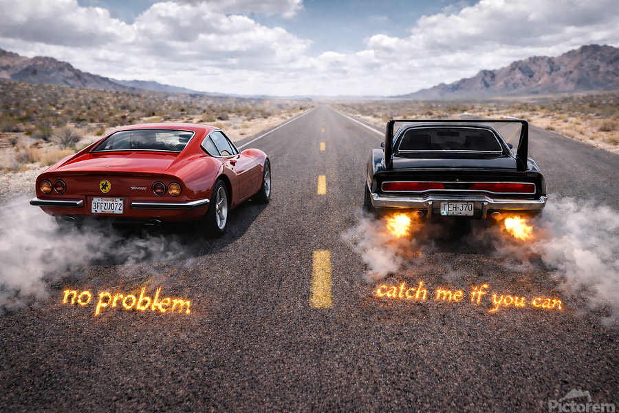 Two legends line up on an endless stretch of asphalt—engines rumbling, egos ignited, and the horizon daring someone to make the first move