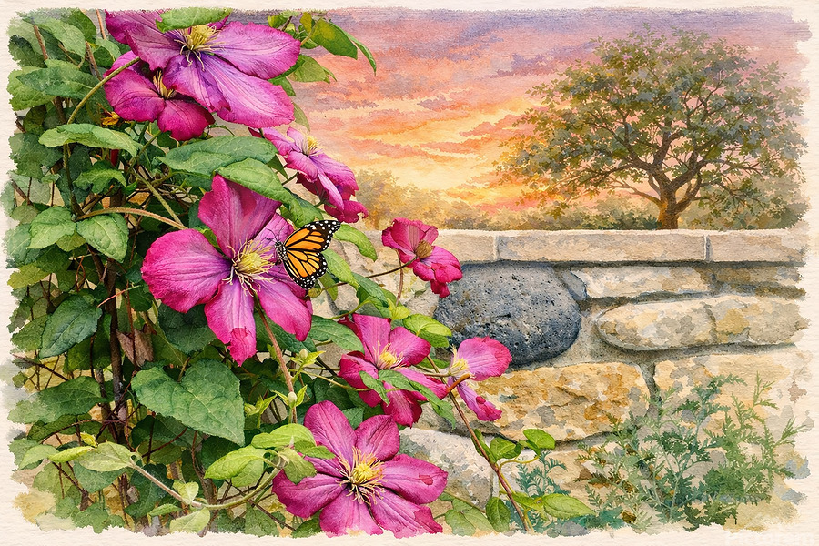 A serene watercolor of vibrant magenta clematis climbing a weathered stone wall, accented by a delicate butterfly and a softly glowing sunset with a distant tree, creating a warm, romantic garden moment.