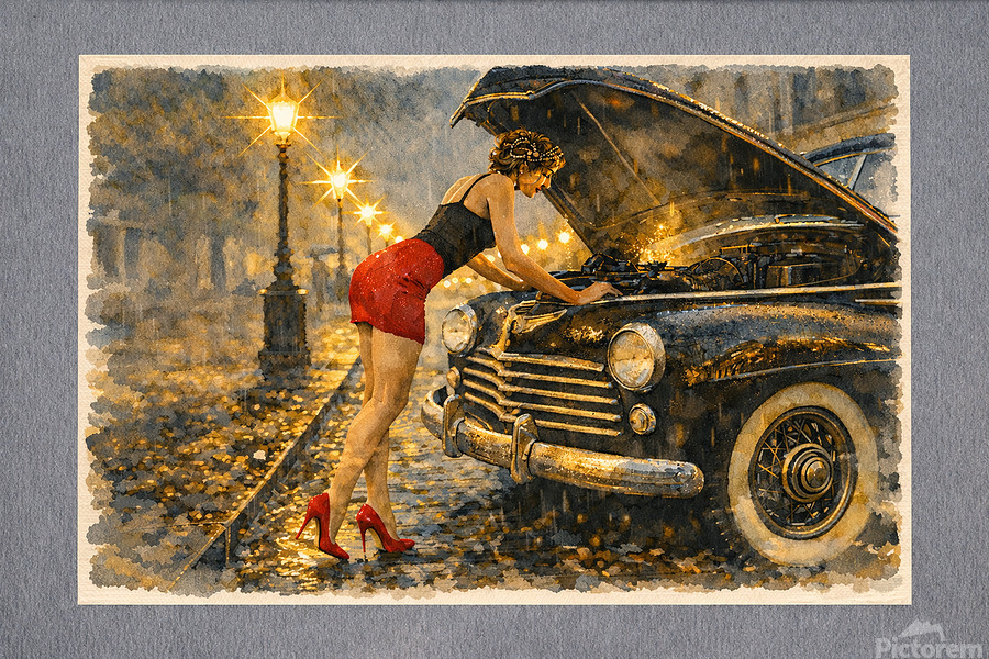 Under glowing streetlamps, a woman leans into the open hood of a vintage automobile, rain shimmering on chrome and stone. 
